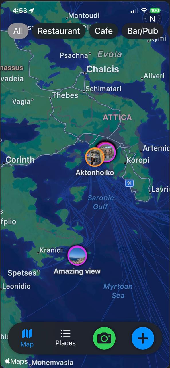 Map of Attica and the Saronic Gulf with saved photo pins, including Amazing view