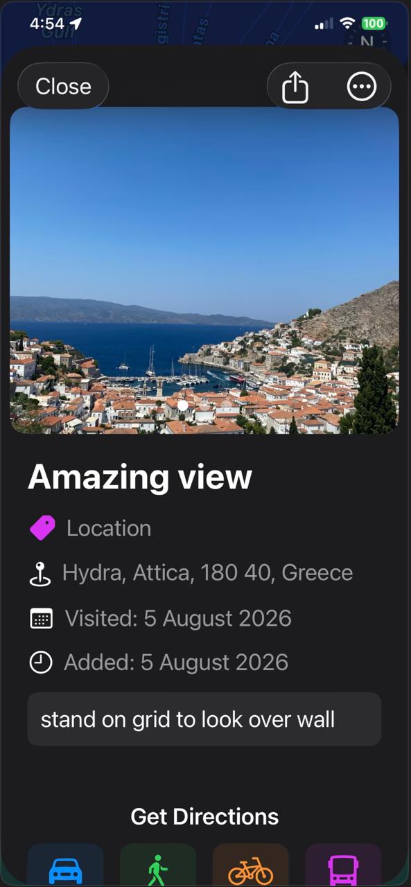 Saved location Amazing view on Hydra with a personal note and Get Directions actions