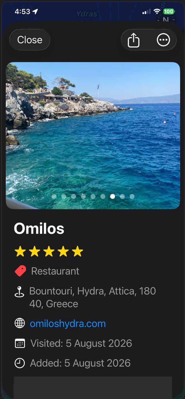 Saved restaurant Omilos on Hydra with a sea photo, five-star rating, website and visit date