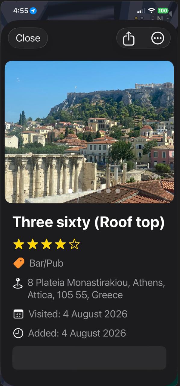 Saved bar Three sixty rooftop in Athens with photo, four-star rating, address and visit date