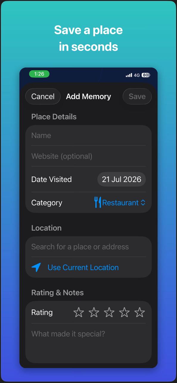 Add Memory screen with name, website, date visited, category, location search, rating and notes