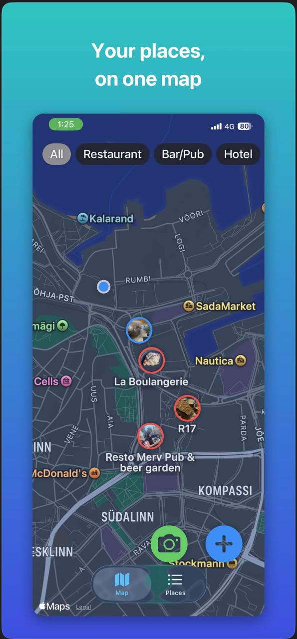 Marketing screenshot of the map with photo pins and Restaurant, Bar/Pub and Hotel filters
